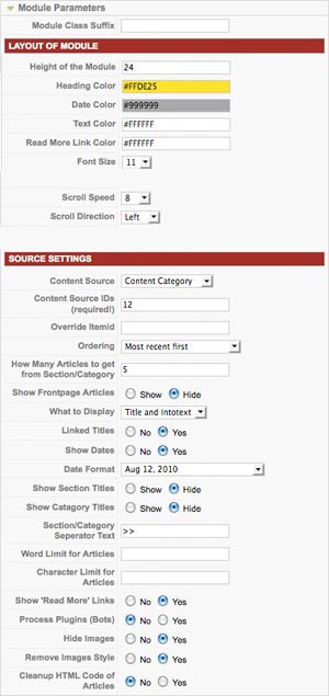 joomla scroller parameters